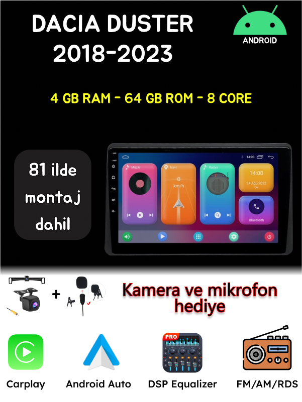 Dacia Duster AndroidAuto Carplay Multimedya 2018-2023 4GB RAM + 64GB Hafıza + 8 Çekirdek